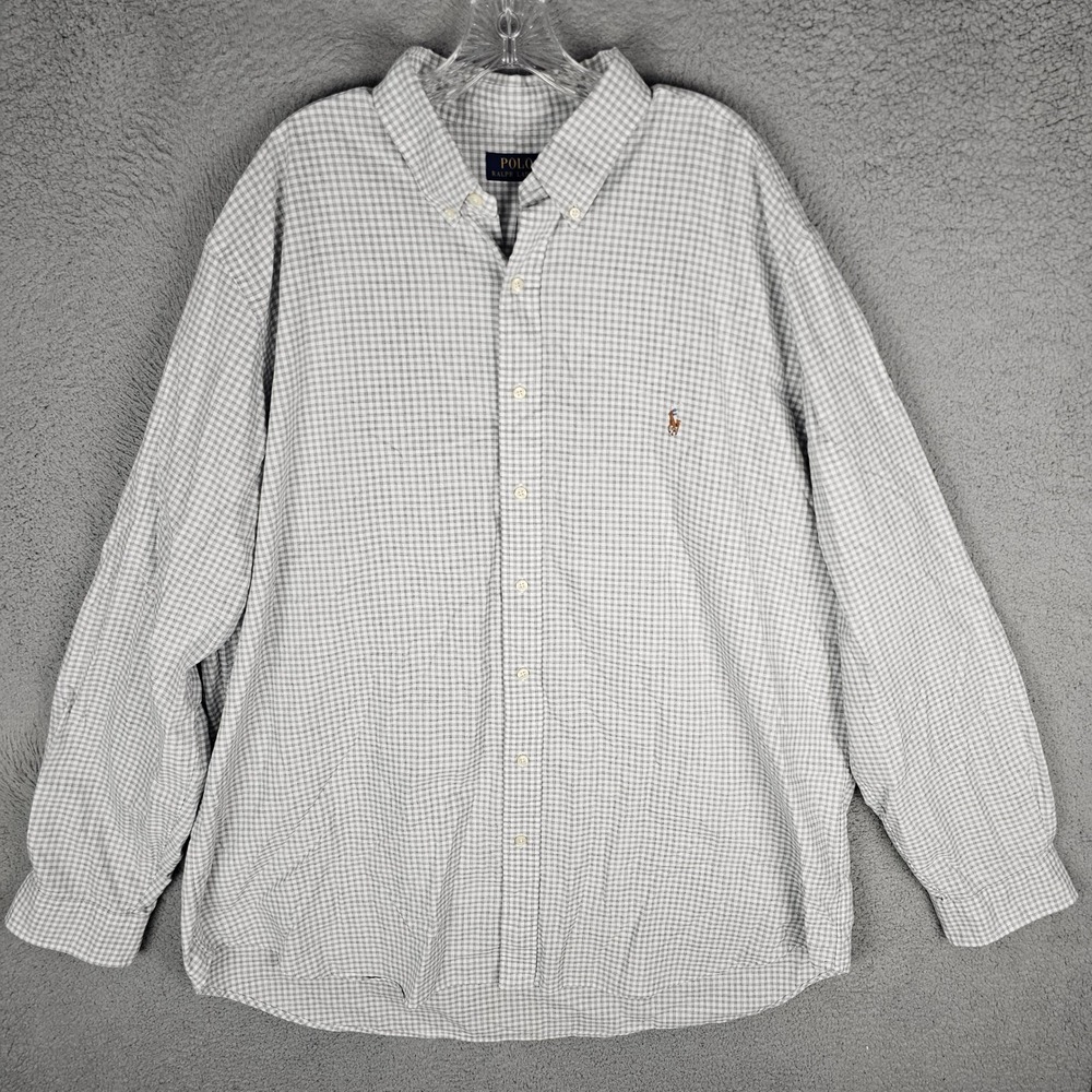 Polo Ralph Lauren Shirt Mens 2XLT Grey Gingham Check Button Down Long Sleeve